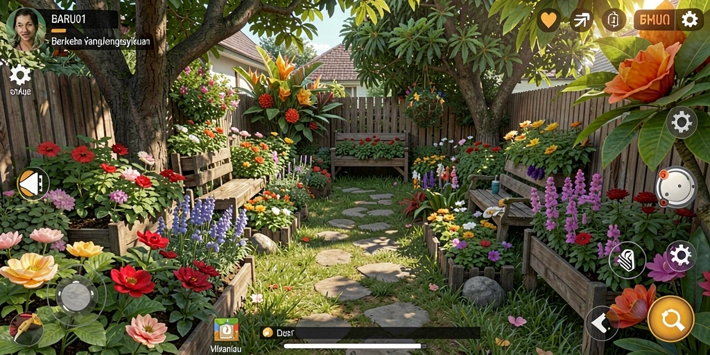 Tampilan gameplay BARU01 dengan kebun yang subur dan hewan peliharaan.