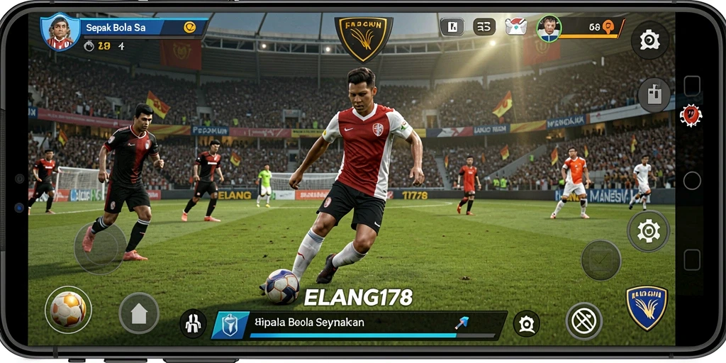 Screenshot utama ELANG178 menunjukkan momen seru dalam pertandingan sepak bola.