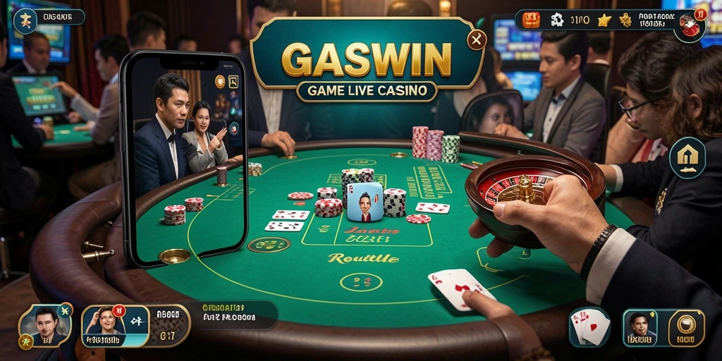 Tampilan gameplay GASWIN yang menampilkan dealer live dan interaksi pemain.