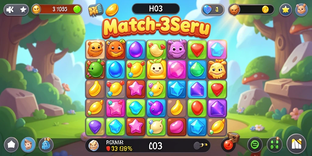 Screenshot gameplay H03 dengan elemen Match-3 yang berwarna-warni.