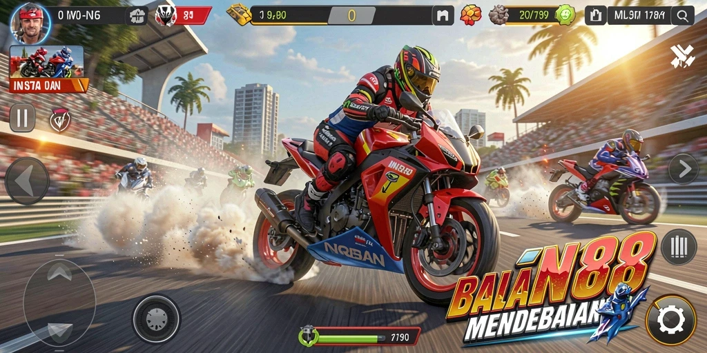 Gameplay mendebarkan dengan balapan motor yang seru.