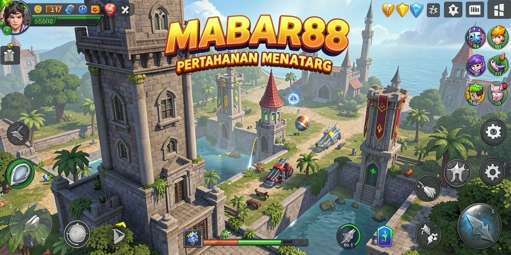 Tampilan gameplay MABAR88 dengan menara dan musuh yang beragam.