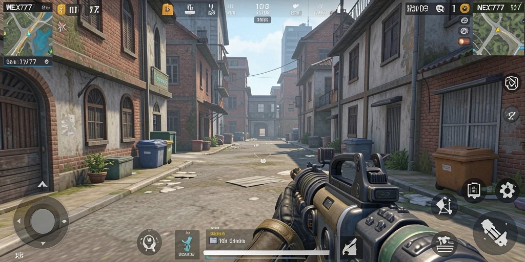 Screenshot utama NEX777 memperlihatkan aksi seru dalam game TPS.
