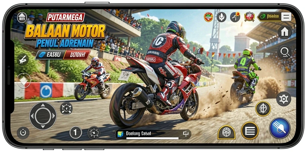 Tampilan gameplay PUTARMEGA yang menegangkan saat balapan motor.