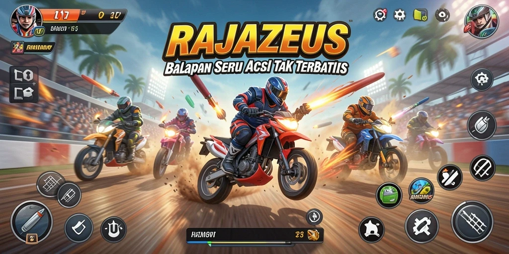 Tangkapan layar gameplay RAJAZEUS menampilkan aksi balapan yang mendebarkan dan grafis memukau.