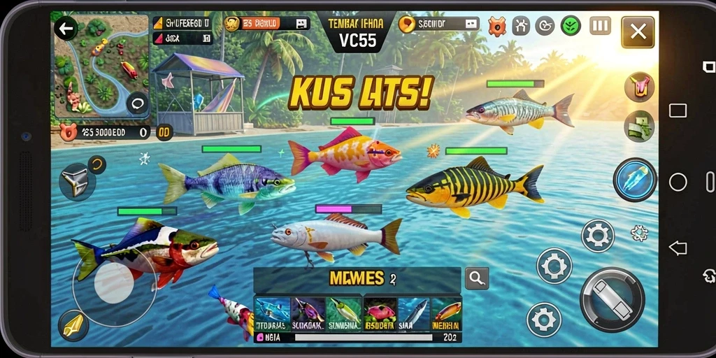 Tangkapan layar gameplay <strong>VC55</strong> menunjukkan keseruan menembak ikan di bawah laut.