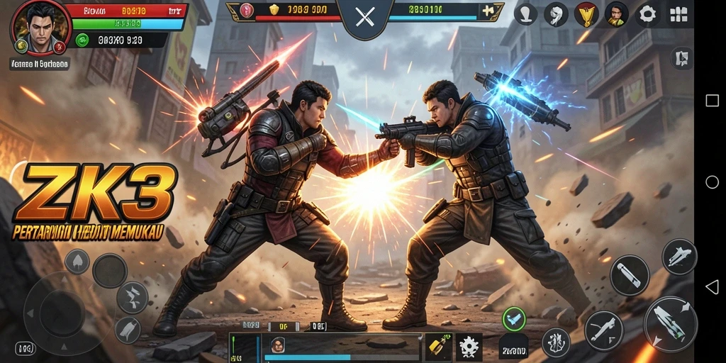 Gameplay mendebarkan ZK3 dengan karakter bertarung di arena.